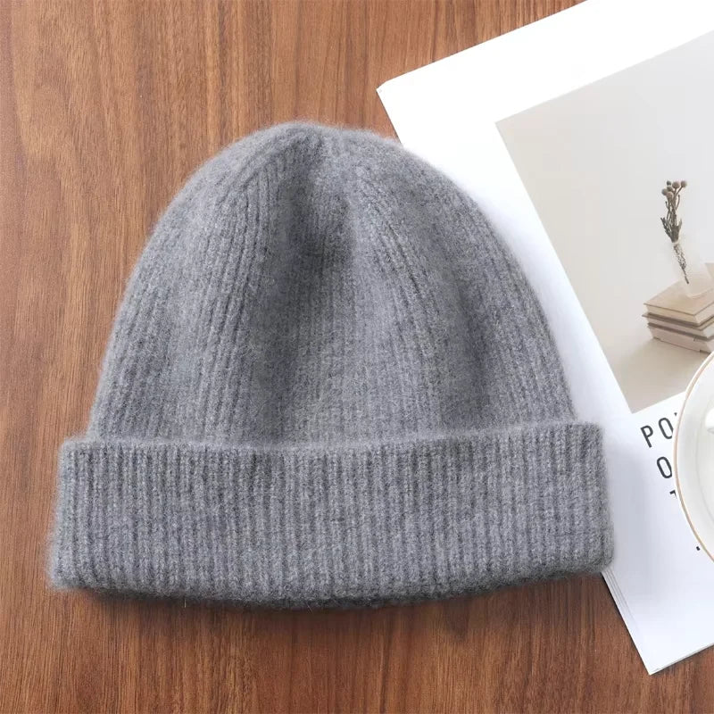 100%Merino Wool Beanies For Women&Men Winter Warm Soft Solid Knitted Thick Skullies Cap Flipped Heap Pullover Cap Ski Bonnet