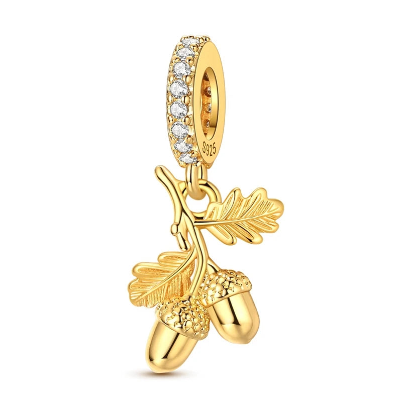 Autumn Original 925 Sterling Silver Golden Mushroom Bead Maple Leaf Acorn Hedgehog Pendant Fit Original Bracelet For Women Gift
