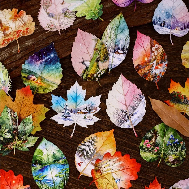 1pack/8pcs Multi-style Fall & Green Leaf Sticker Pack, Natural Foliage Layering Materials for Notebook Craft Supplies