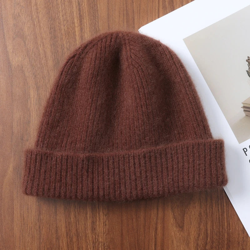 100%Merino Wool Beanies For Women&Men Winter Warm Soft Solid Knitted Thick Skullies Cap Flipped Heap Pullover Cap Ski Bonnet