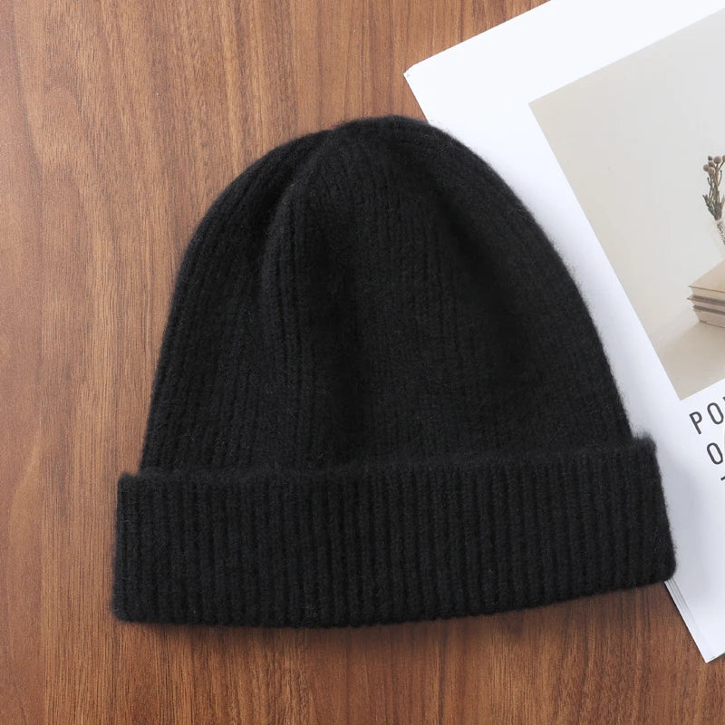 100%Merino Wool Beanies For Women&Men Winter Warm Soft Solid Knitted Thick Skullies Cap Flipped Heap Pullover Cap Ski Bonnet
