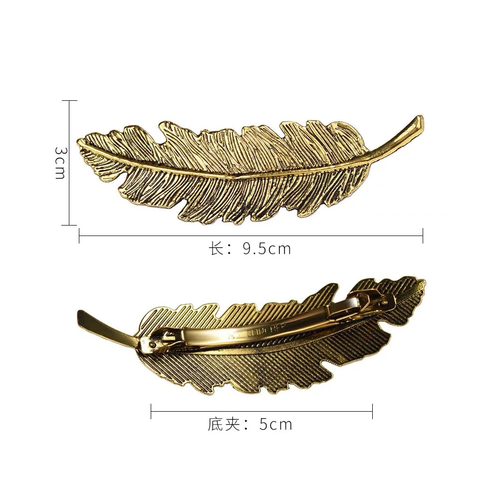 Vintage Feather Leaf Shaped Hair Clip Metal Spring Barrettes Women Girls Ponytail Holder Hairpins Party Wedding Daily Headwear