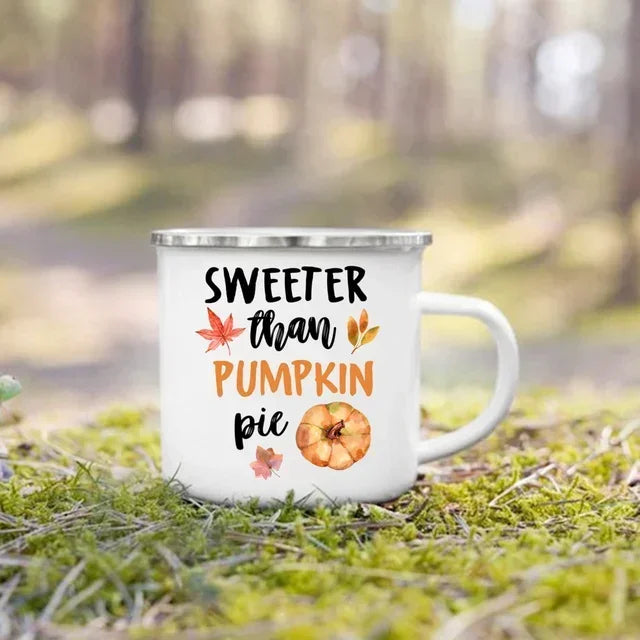 Tourist Mug Beer Coffee Cups Fall Thanksgiving Party Wine Juice Mug Hello Pumpkin Leaves Printed Enamel Mugs Fathers Day Gifts