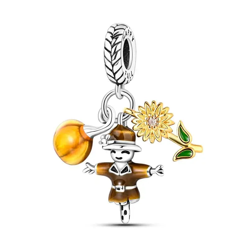 925 Sterling Silver Shiny Zircon Autumn Squirrel Maple Leaf Beads Suitable Fit Pan Original Bracelet DIY Anniversary