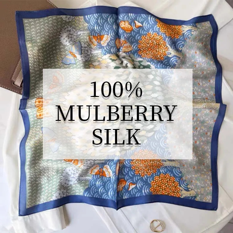 100% Mulberry Silk Square Scarf 53x53cm Butterfly Tree Print Satin Bandana Women's Fashion Accessory for Daily Wear