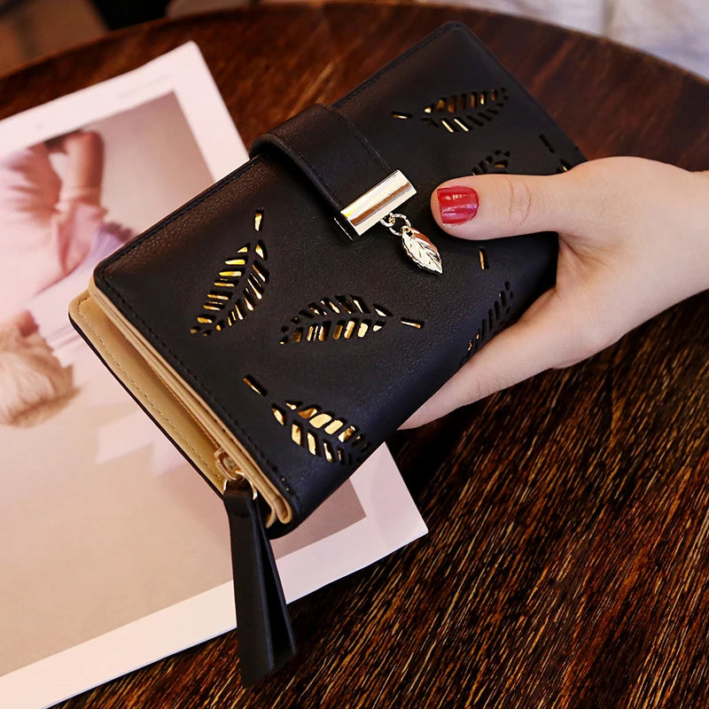 Portefeuille en simili-cuir à motif feuilles dorées pour femme