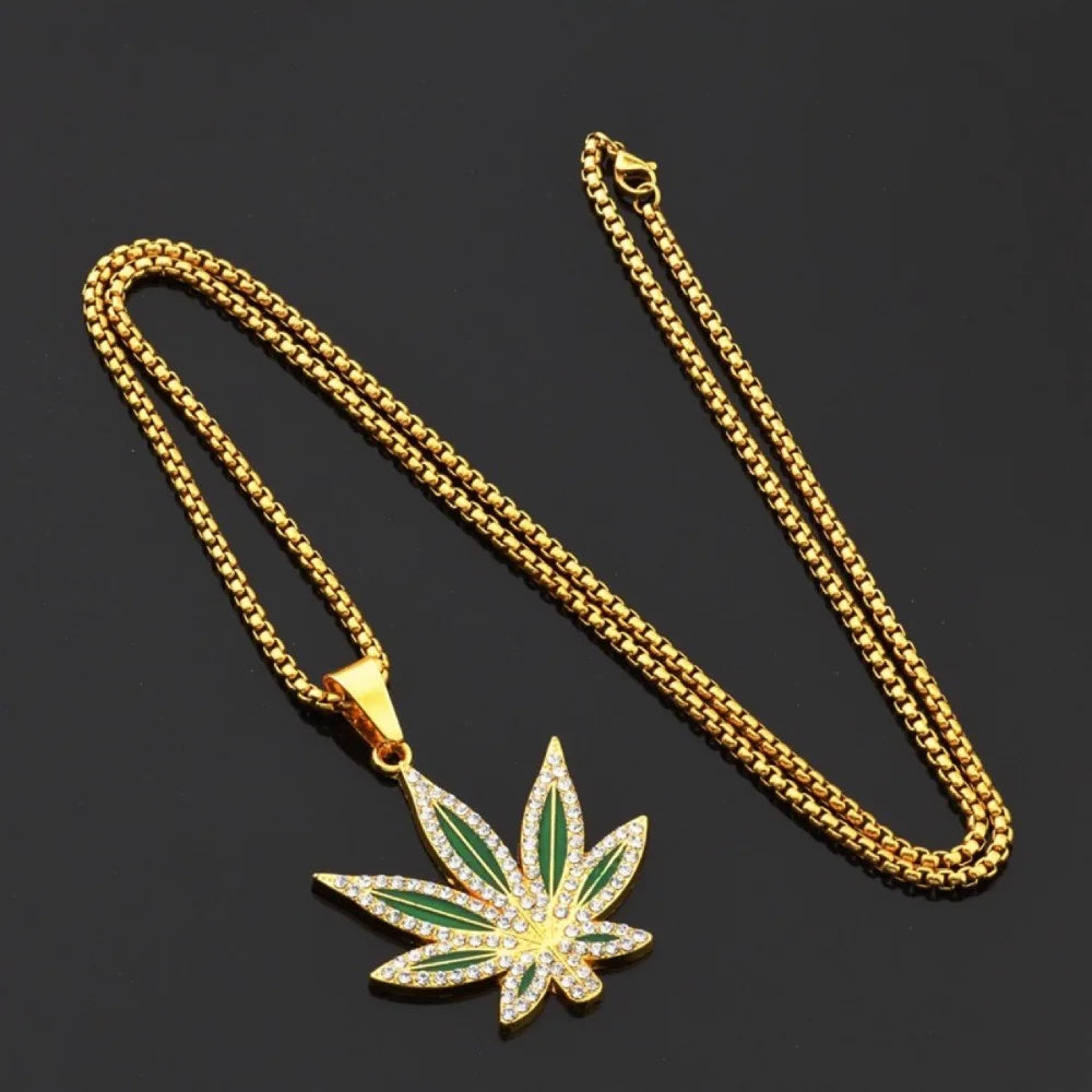 Punk Hip-hop Shiny Inlaid Zircon Oil Painting Green Drip Glaze Large Maple Leaf Pendant Box Chain Necklace for Men Women Jewelry