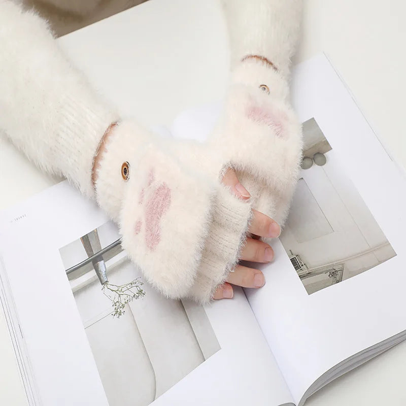 Cute Cat Paw Fingerless Gloves Flip Top Design Soft Furry Lining Warm Knitted Mittens for Winter Outdoor Use Cozy Gift for Girl﻿