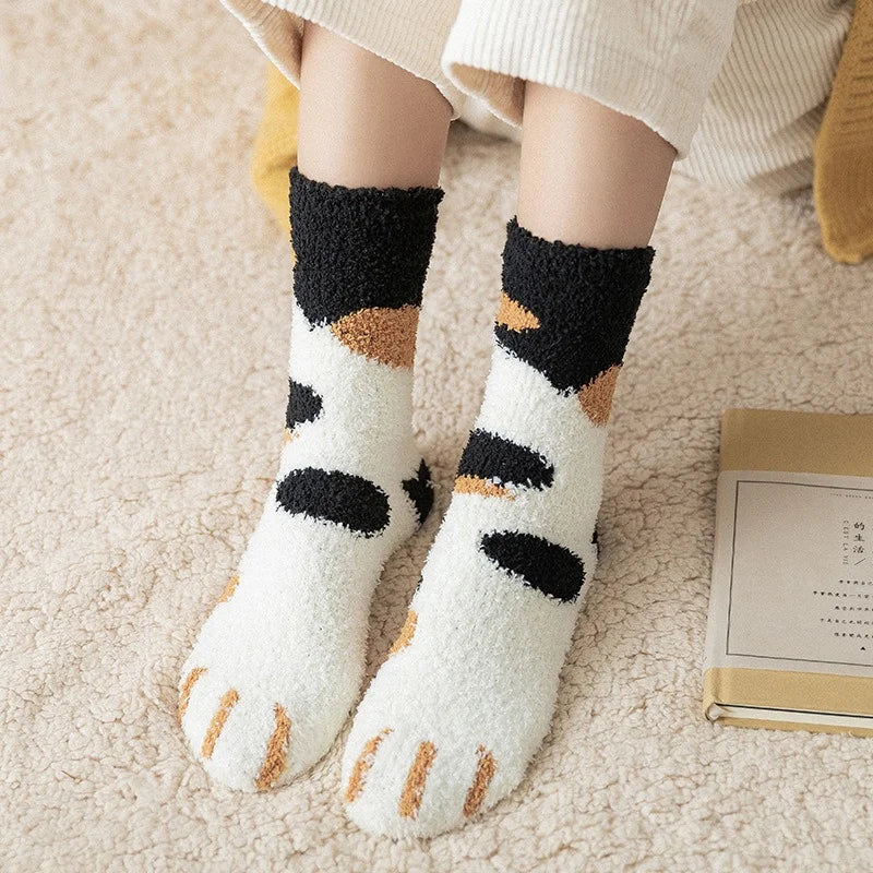 Women Cute Cat Paw Coral Fleece Socks Winter Thermal Thick Warm Fluffy Mid Calf Socks Non Slip Home Floor Sleep House Cozy Gift