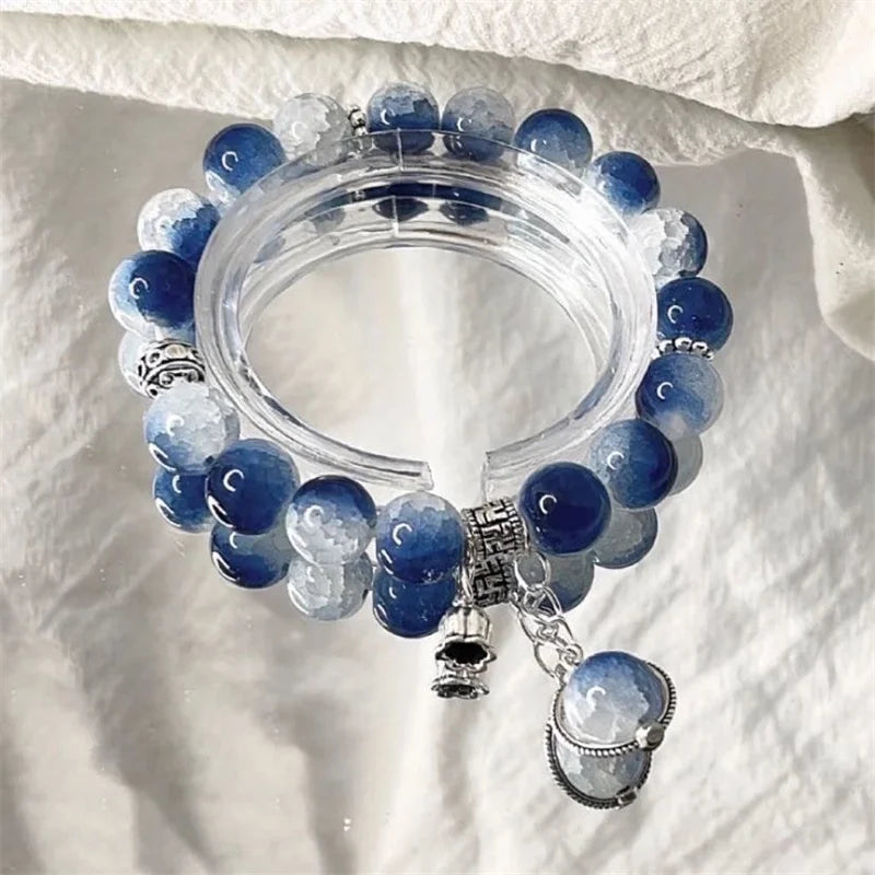 Fashion Design Gradient Crystal Beads Bracelet for Women Vintage Butterfly Feather Maple Leaf Tassel Bracelet Jewelry Gift