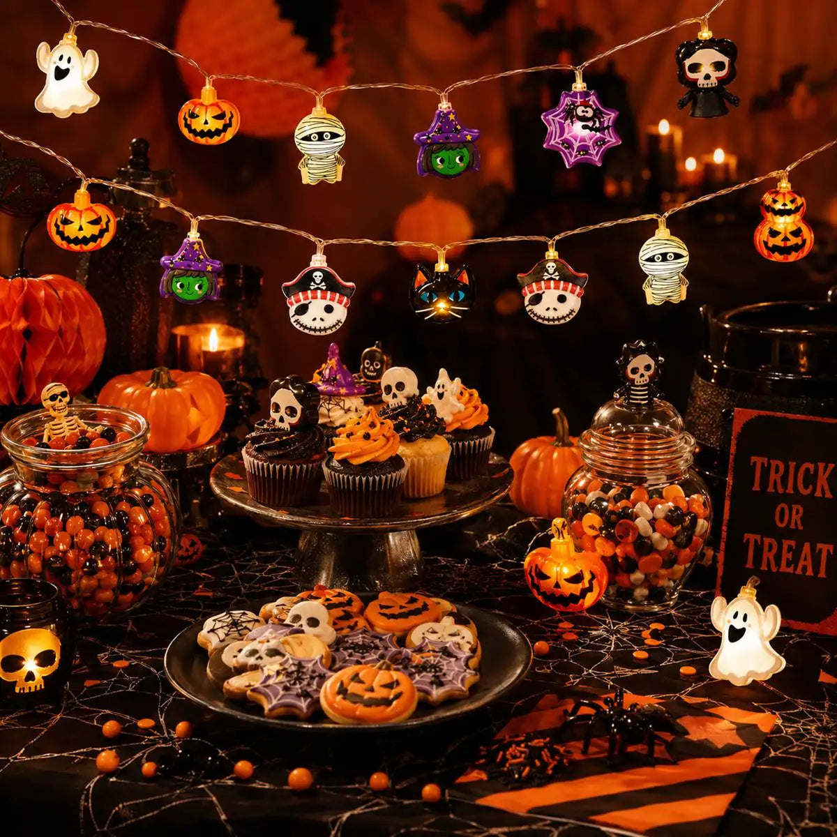 Guirlande lumineuse LED Halloween – Fantômes, citrouilles et araignées