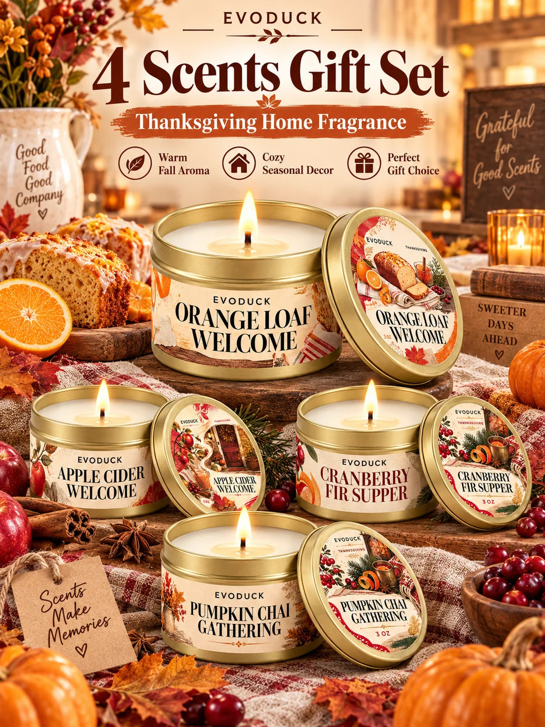Thanksgiving Scented Candles Gift Set 3oz Gold Tins, Choose 1, 2 or 4 Pcs, 4 Fall Scents, Gift Box & Card, Hostess Gift