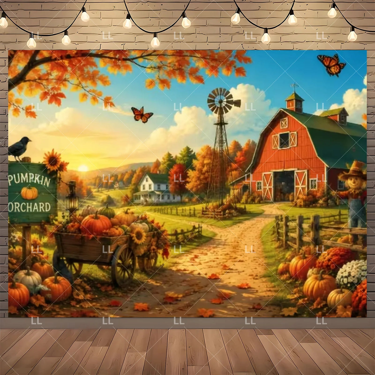 Fall Harvest Backdrop Thanksgiving Festivals Party Decoration Autumn Barn Pumpkin Maple Scarecrow Farm Photography Background