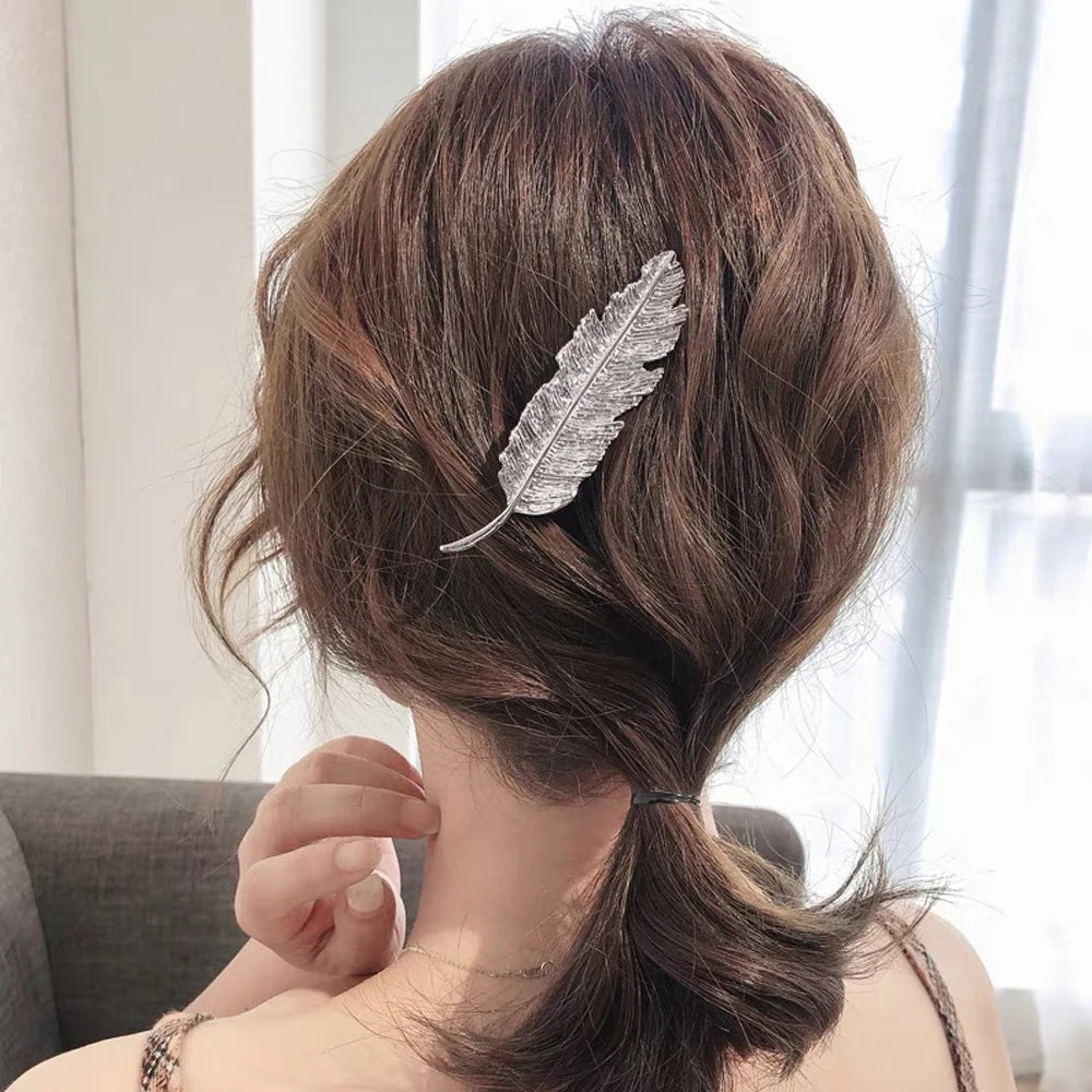 Vintage Feather Leaf Shaped Hair Clip Metal Spring Barrettes Women Girls Ponytail Holder Hairpins Party Wedding Daily Headwear