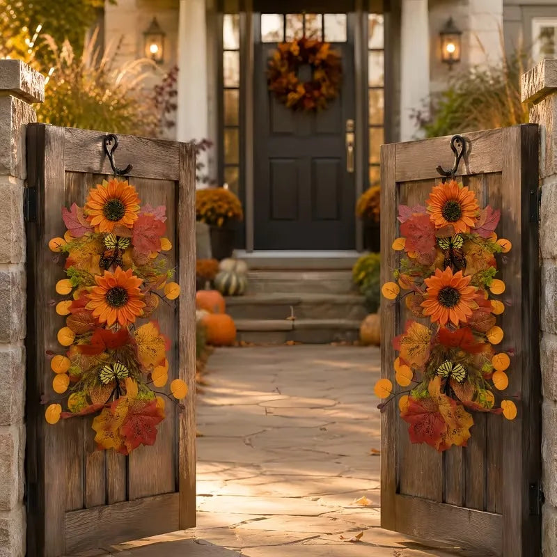 1-5pcs Seasonal Wall Decor Fall Sunflower Maple Leaf Wreath Vine Butterfly for Home Front Door Cozy Autumn Harvest Celebration