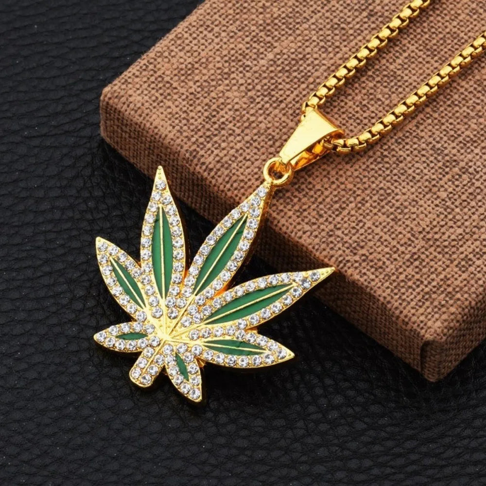Punk Hip-hop Shiny Inlaid Zircon Oil Painting Green Drip Glaze Large Maple Leaf Pendant Box Chain Necklace for Men Women Jewelry