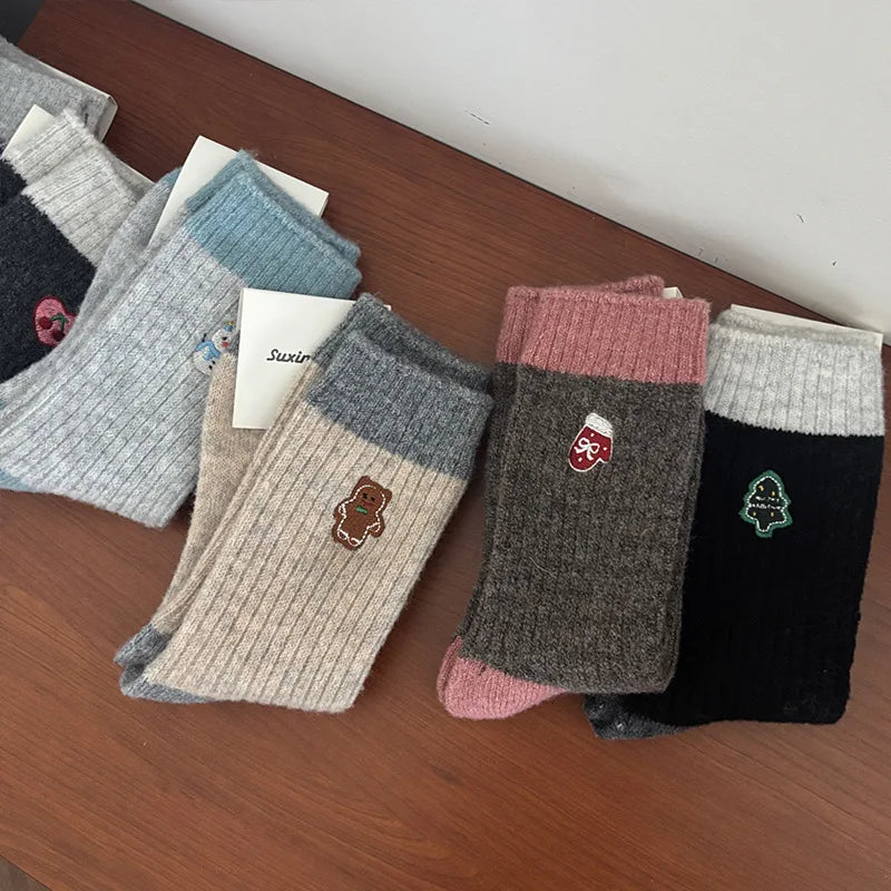 1/6 pairs Spring Autumn New Elegant Thickened Warm Sleep Socks Cute Retro Mid tube Socks Fashionable Versatile Women's Socks