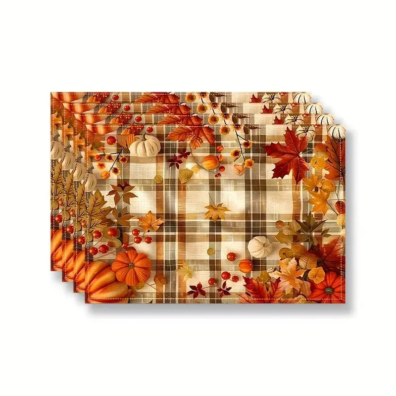 VIKAMA Fall Pumpkin Maple Leaf Plaid Placemats Linen Washable Heat Resistant Table Mats Thanksgiving Farmhouse Dining Home Decor