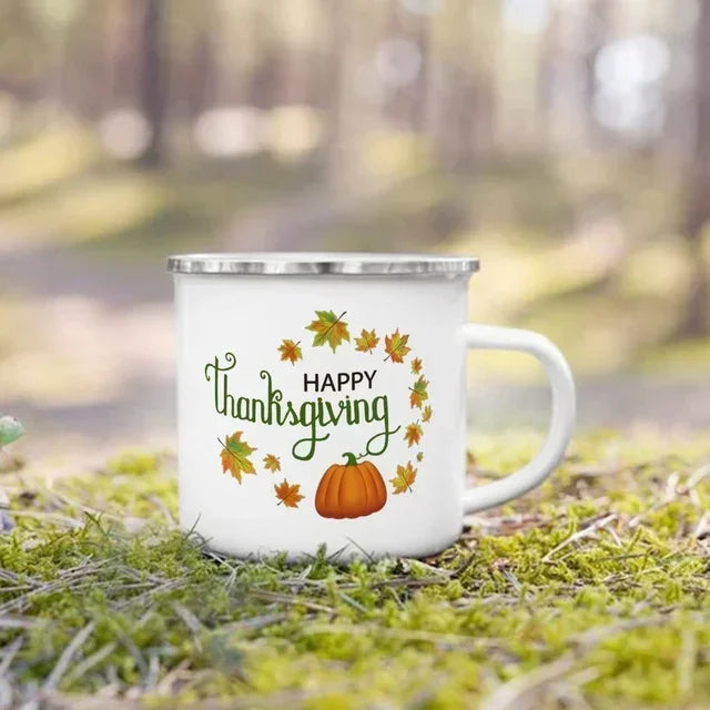 Tourist Mug Beer Coffee Cups Fall Thanksgiving Party Wine Juice Mug Hello Pumpkin Leaves Printed Enamel Mugs Fathers Day Gifts