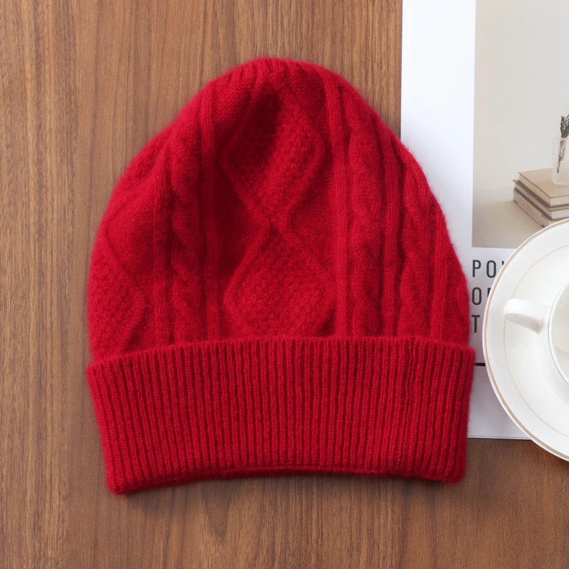 Women 100% Merino Wool Winter's Knitted Hat Men Rhombus Pattern Solid Warm Soft Wollen Beanies Y2K Hiphop Street Bonnet Skullies