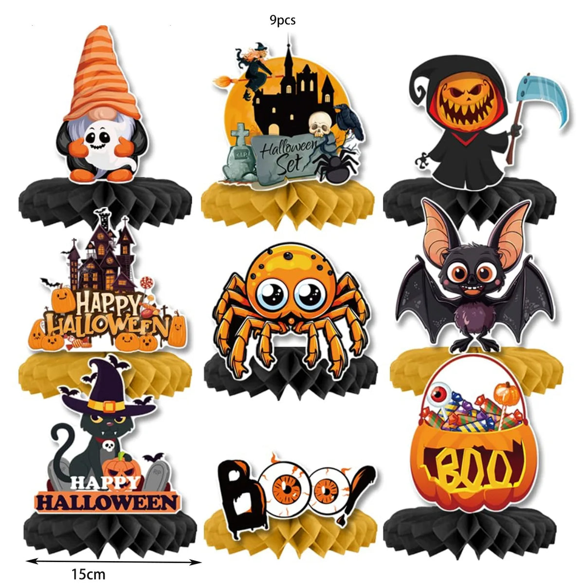 Décorations Halloween nid d'abeille 3D – Citrouille, fantôme et sorcière
