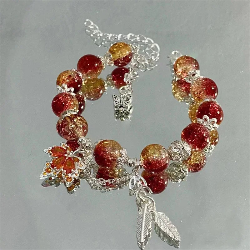 Fashion Design Gradient Crystal Beads Bracelet for Women Vintage Butterfly Feather Maple Leaf Tassel Bracelet Jewelry Gift