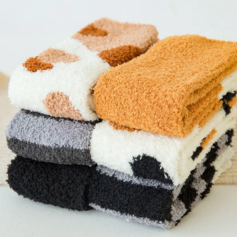 Women Cute Cat Paw Coral Fleece Socks Winter Thermal Thick Warm Fluffy Mid Calf Socks Non Slip Home Floor Sleep House Cozy Gift