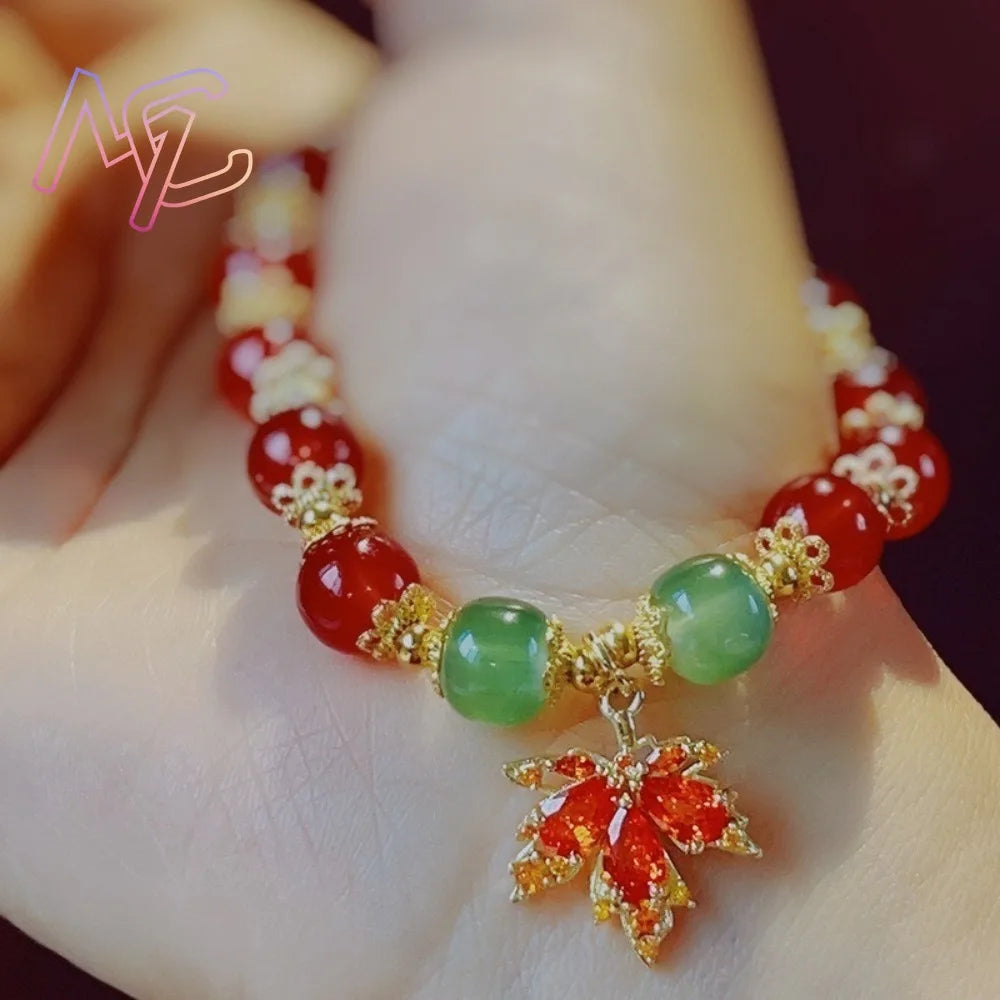 Red Natural Jade Beads Bracelet Maple Leaf Bangle Real Jewelry Fashion Gifts for Women Charm Gemstone Designer Accessories
