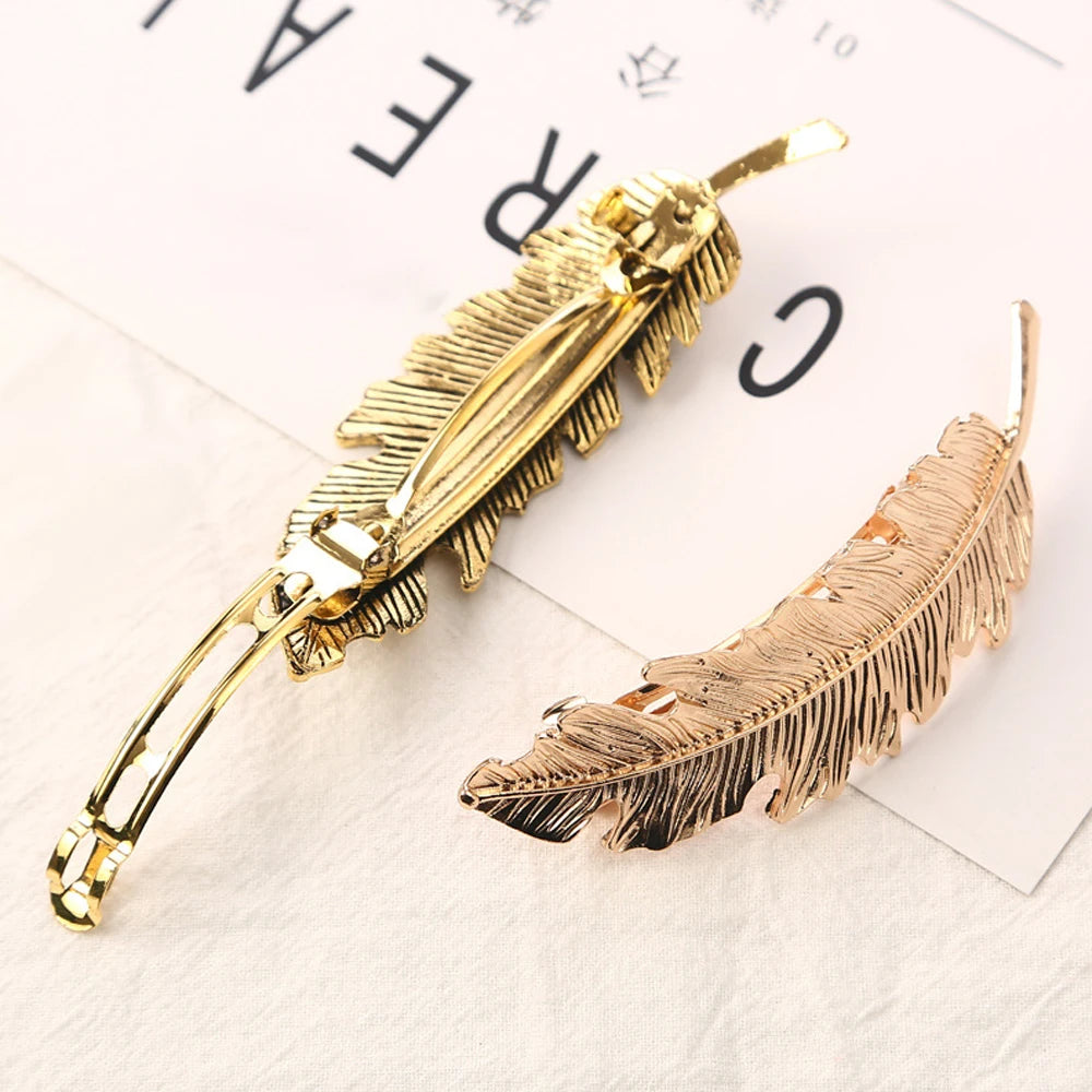 Vintage Feather Leaf Shaped Hair Clip Metal Spring Barrettes Women Girls Ponytail Holder Hairpins Party Wedding Daily Headwear