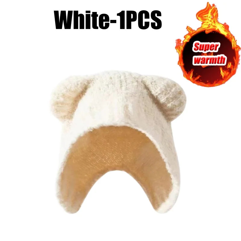 Plush Bear Ear Knitted Beanie for Women Stylish Warm Wool Winter Hat with Comfortable Ear Flaps Slimming Face for Casual Outings