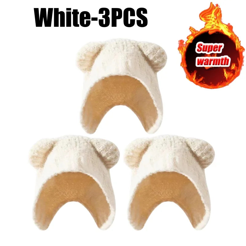 Plush Bear Ear Knitted Beanie for Women Stylish Warm Wool Winter Hat with Comfortable Ear Flaps Slimming Face for Casual Outings
