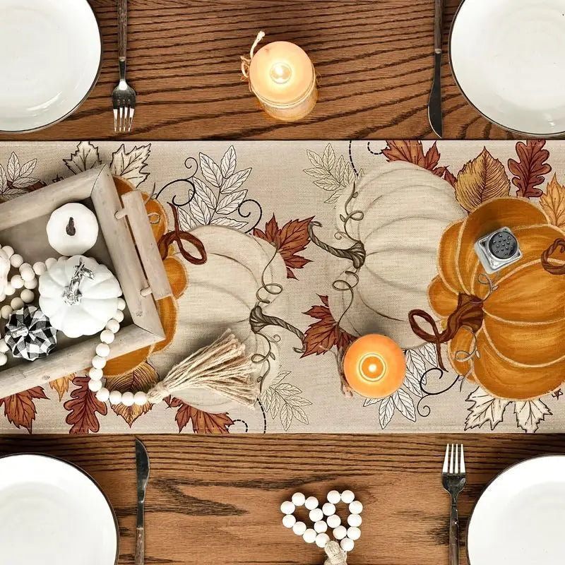 VIKAMA Fall Table Runner Pumpkin Maple Leaf Autumn Print Linen Dresser Scarf For Dining Room Kitchen Thanksgiving Home Decor