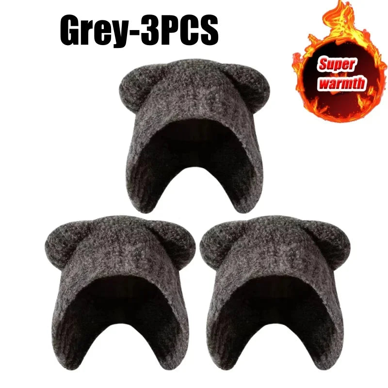 Plush Bear Ear Knitted Beanie for Women Stylish Warm Wool Winter Hat with Comfortable Ear Flaps Slimming Face for Casual Outings