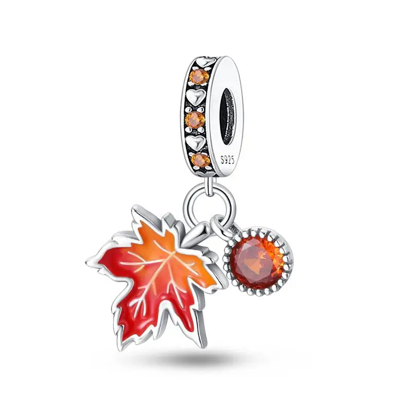 925 Sterling Silver Shiny Zircon Autumn Squirrel Maple Leaf Beads Suitable Fit Pan Original Bracelet DIY Anniversary