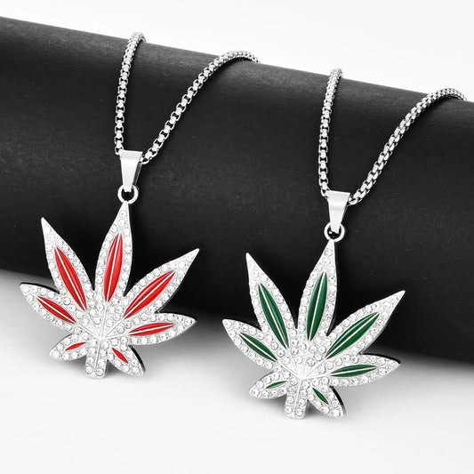 Collier homme feuille d'érable zircon style hip-hop