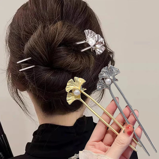 Pic à chignon en U feuilles de ginkgo et perle