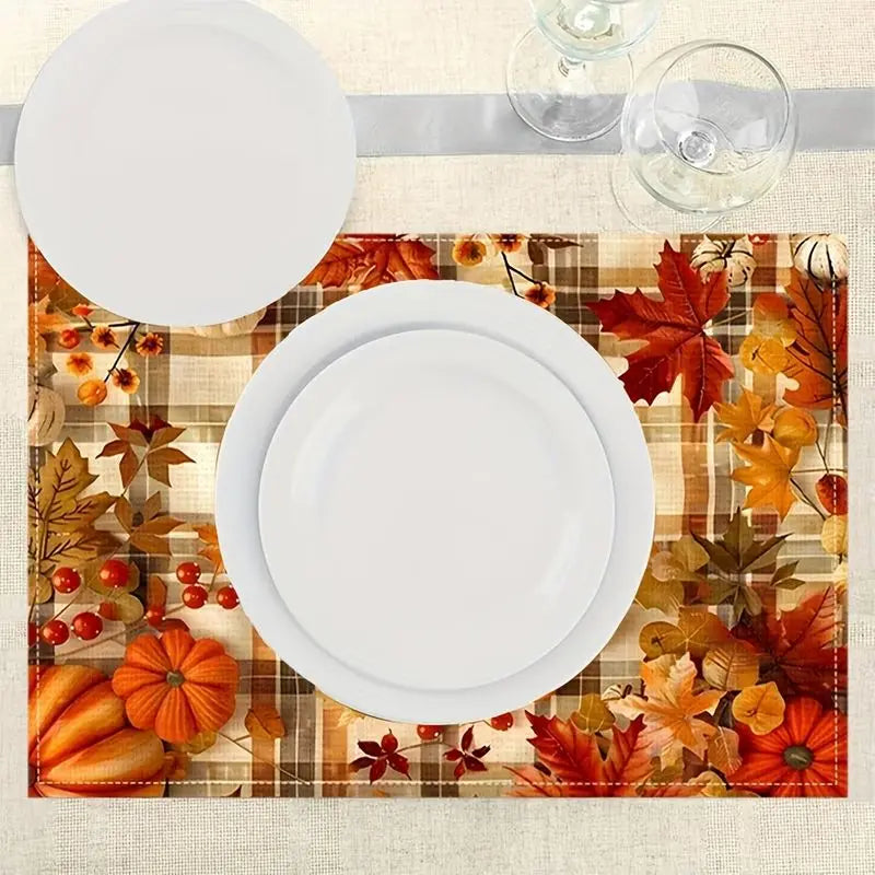 VIKAMA Fall Pumpkin Maple Leaf Plaid Placemats Linen Washable Heat Resistant Table Mats Thanksgiving Farmhouse Dining Home Decor