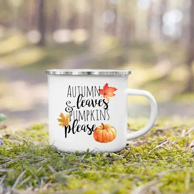 Tourist Mug Beer Coffee Cups Fall Thanksgiving Party Wine Juice Mug Hello Pumpkin Leaves Printed Enamel Mugs Fathers Day Gifts