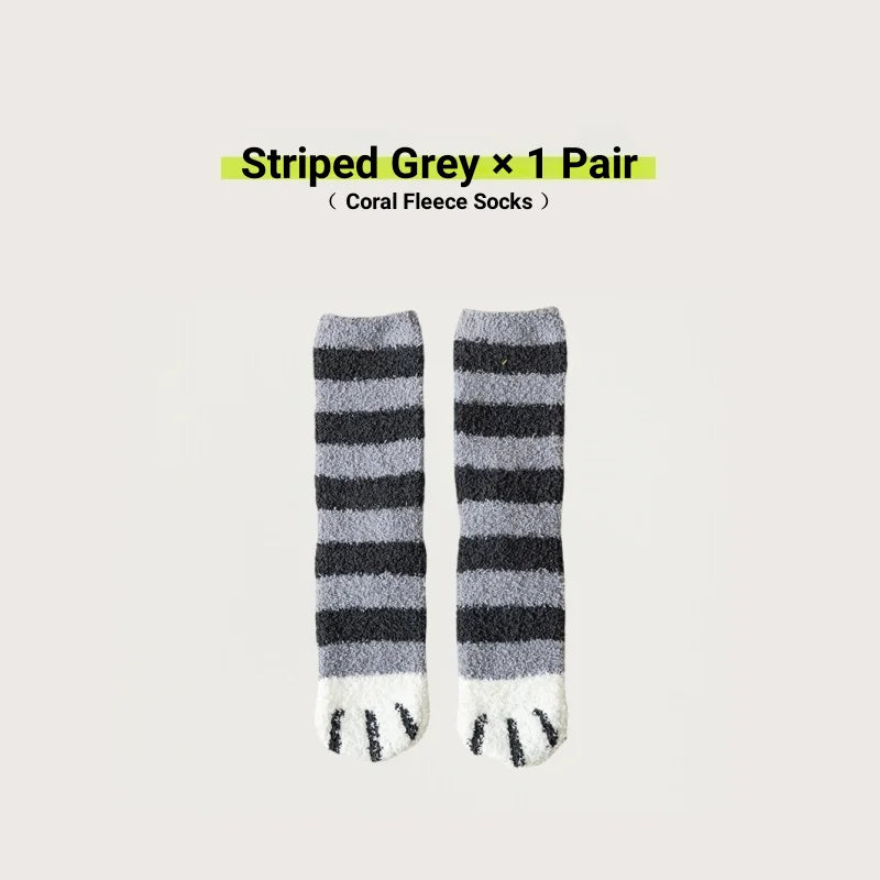 Women Cute Cat Paw Coral Fleece Socks Winter Thermal Thick Warm Fluffy Mid Calf Socks Non Slip Home Floor Sleep House Cozy Gift