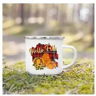 Tourist Mug Beer Coffee Cups Fall Thanksgiving Party Wine Juice Mug Hello Pumpkin Leaves Printed Enamel Mugs Fathers Day Gifts