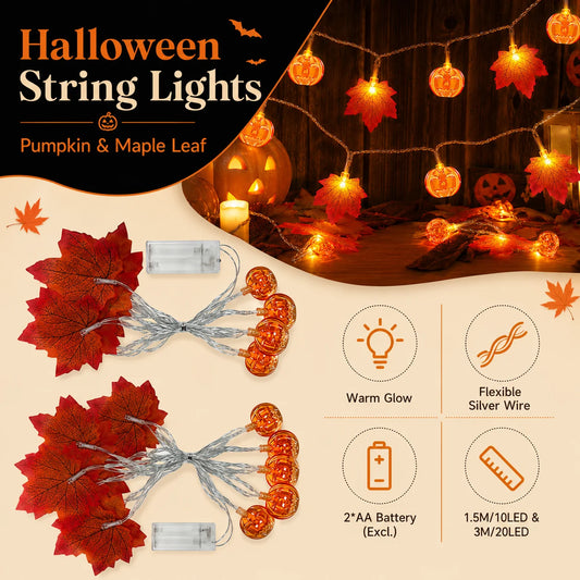 Guirlande lumineuse LED feuilles d'érable et citrouilles – Blanc chaud