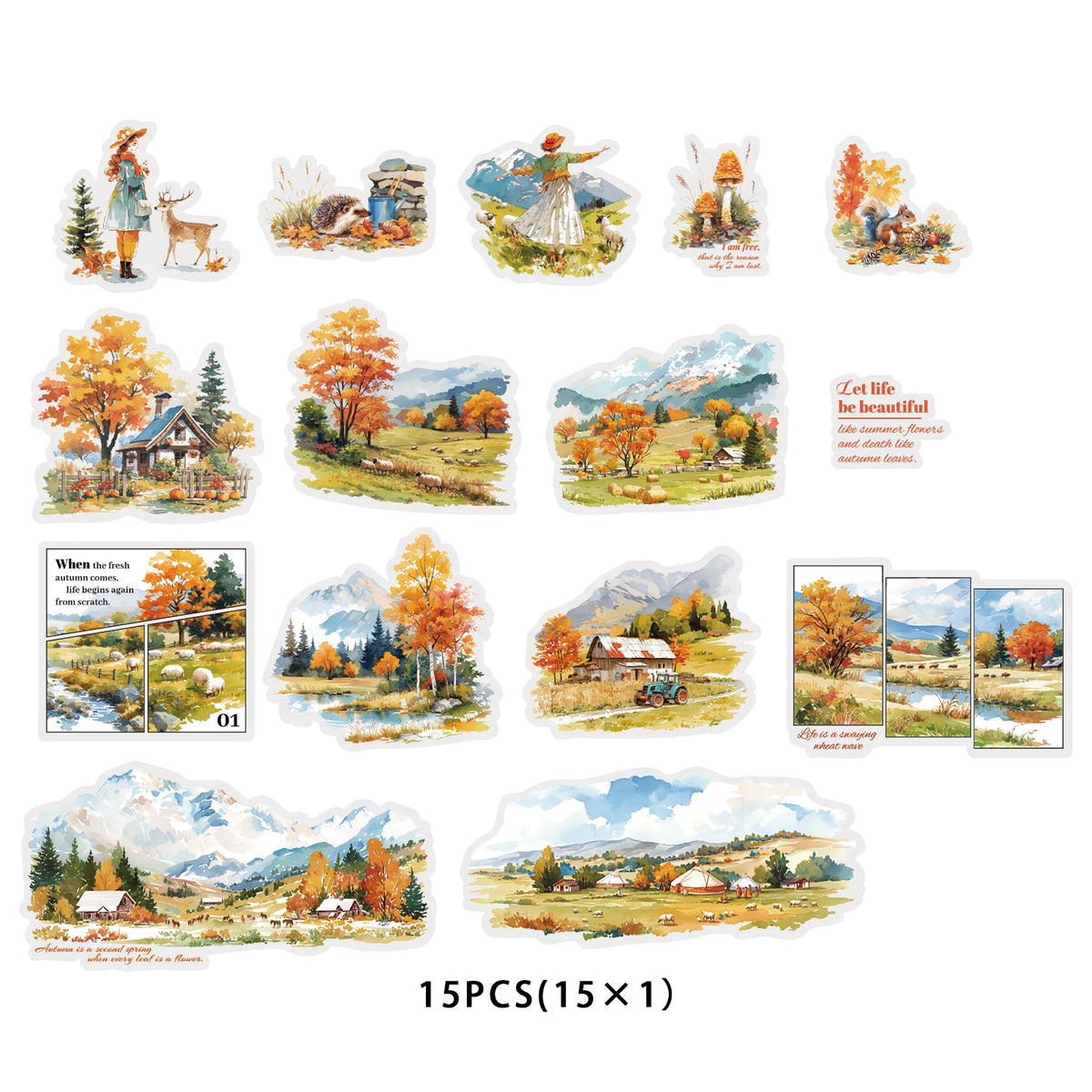 Etori Life Falling Leaves and Autumn 15Pcs Golden Autumn Scenery with Lake and Stream Pattern Pet Stickers for Laptops, Phone Stickers, Photo Albums, Suitcases, Room Decoration, Scrapbooking Supplies, DIY Crafts, Student Gift
