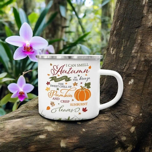 Tasses en émail citrouille et feuilles (lot)