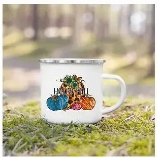 Tourist Mug Beer Coffee Cups Fall Thanksgiving Party Wine Juice Mug Hello Pumpkin Leaves Printed Enamel Mugs Fathers Day Gifts