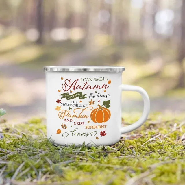 Tourist Mug Beer Coffee Cups Fall Thanksgiving Party Wine Juice Mug Hello Pumpkin Leaves Printed Enamel Mugs Fathers Day Gifts