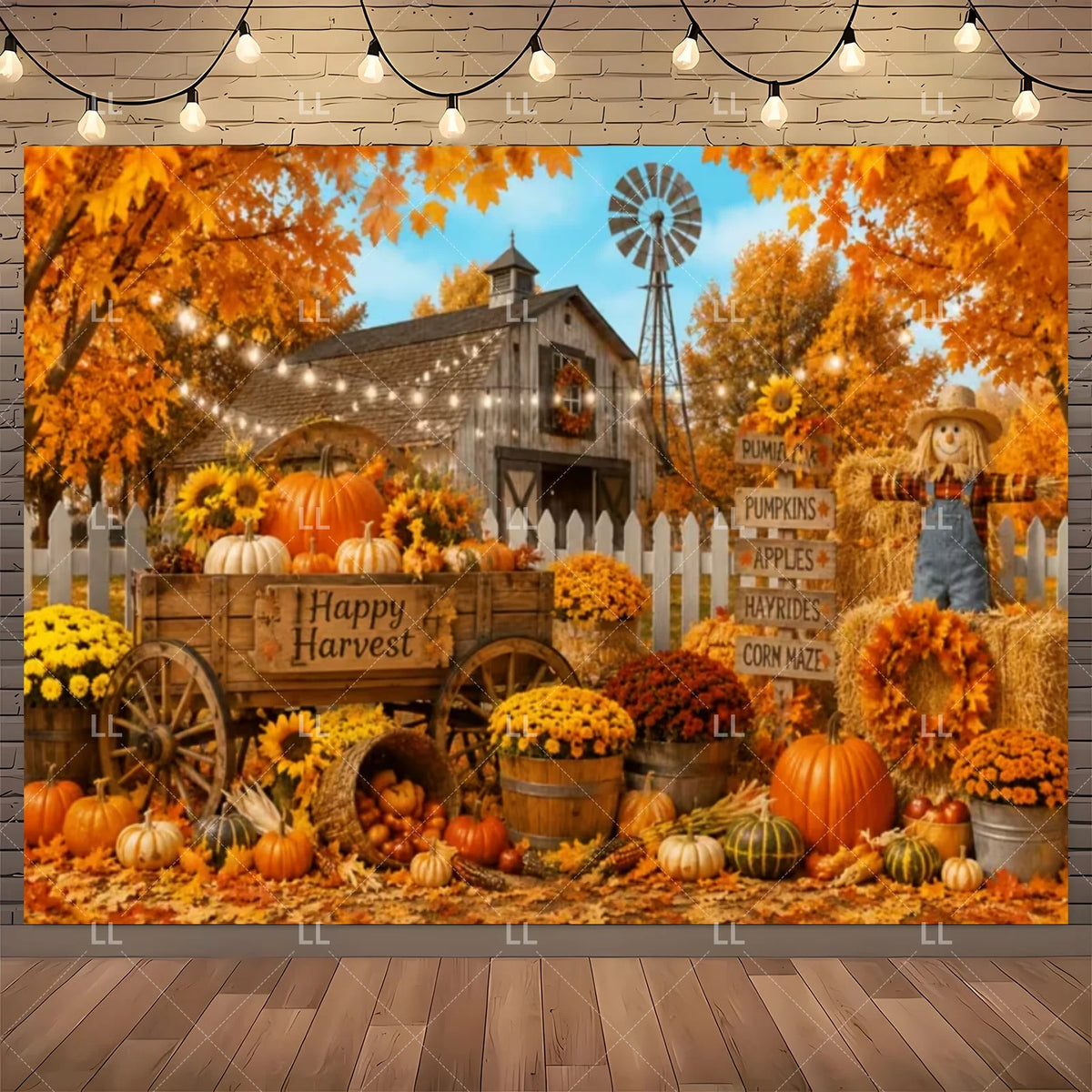 Fall Harvest Backdrop Thanksgiving Festivals Party Decoration Autumn Barn Pumpkin Maple Scarecrow Farm Photography Background