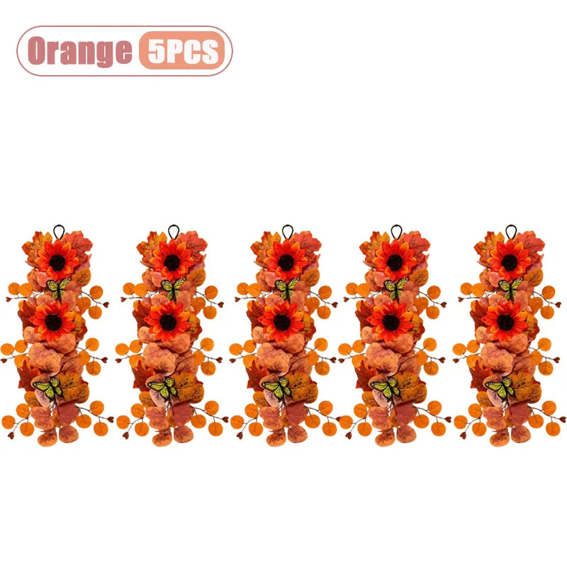 1-5pcs Seasonal Wall Decor Fall Sunflower Maple Leaf Wreath Vine Butterfly for Home Front Door Cozy Autumn Harvest Celebration