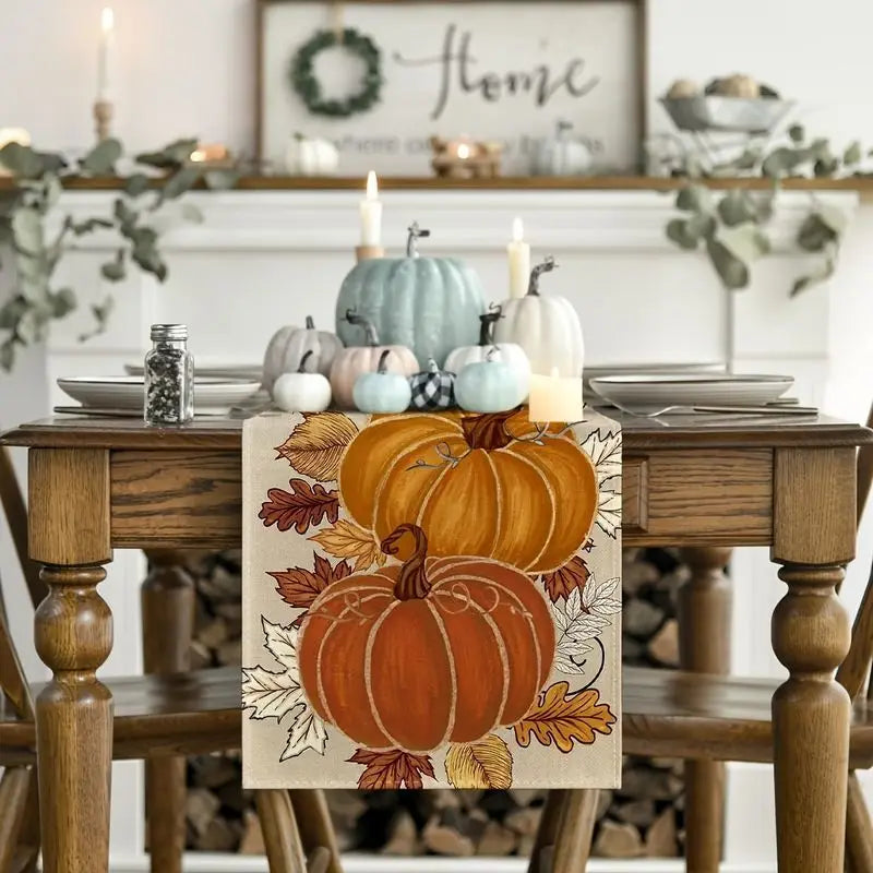 VIKAMA Fall Table Runner Pumpkin Maple Leaf Autumn Print Linen Dresser Scarf For Dining Room Kitchen Thanksgiving Home Decor