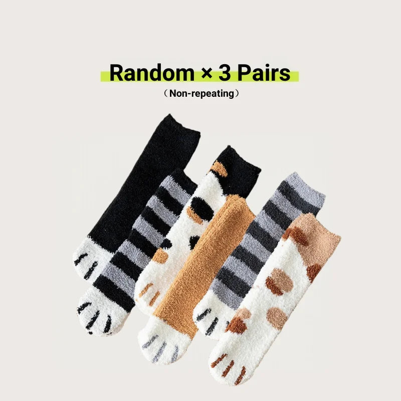 Women Cute Cat Paw Coral Fleece Socks Winter Thermal Thick Warm Fluffy Mid Calf Socks Non Slip Home Floor Sleep House Cozy Gift