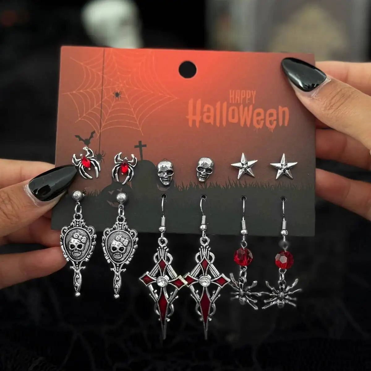 Set de 6 paires de boucles d'oreilles Halloween – Style gothique